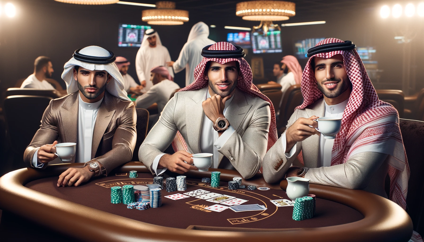 At a card table sit 3 handsome Arab men in expensive Arab suits, each with an expensive watch on his right hand, sitting at a poker table in a casino