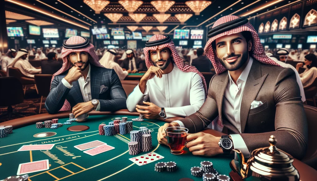 At a card table, three handsome Arab men in expensive Arabian suits are sitting, each with an expensive watch on his right hand, at a poker table in a